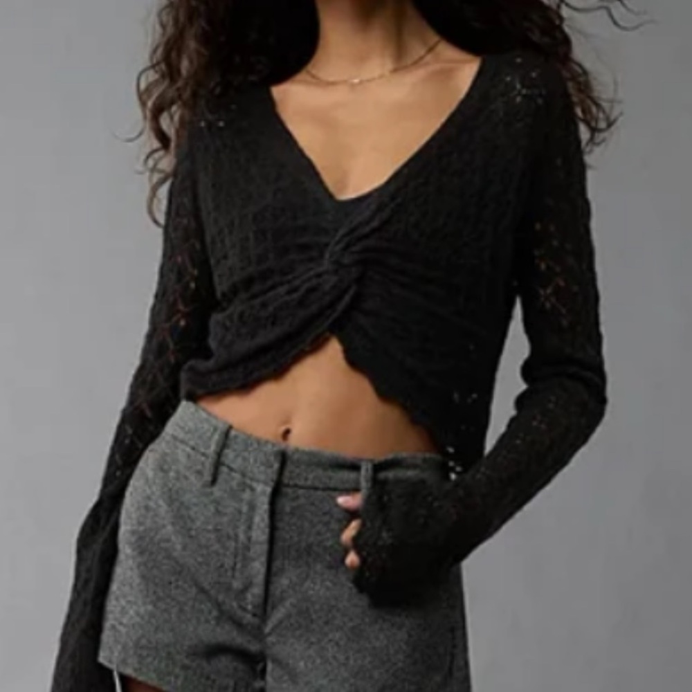 American Eagle Outfitters Pointelle Twist Front Black Knit Cropped Sweater Small